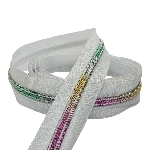 Zipper Tape White with Rainbow Teeth #5 10 METRE BULK ROLL