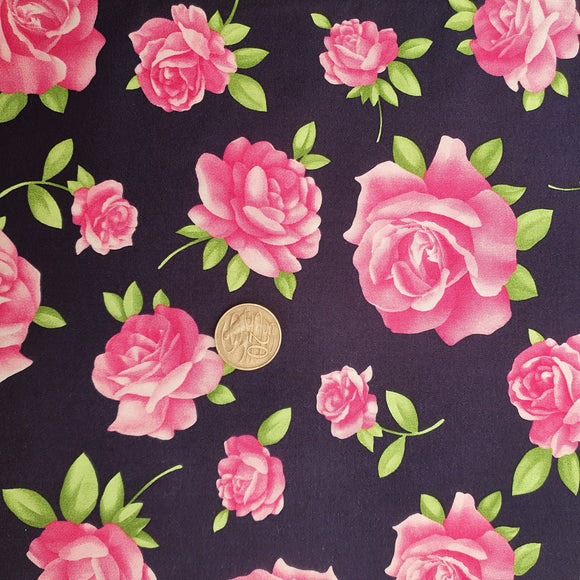 Pink Rose on Navy Quilting cotton