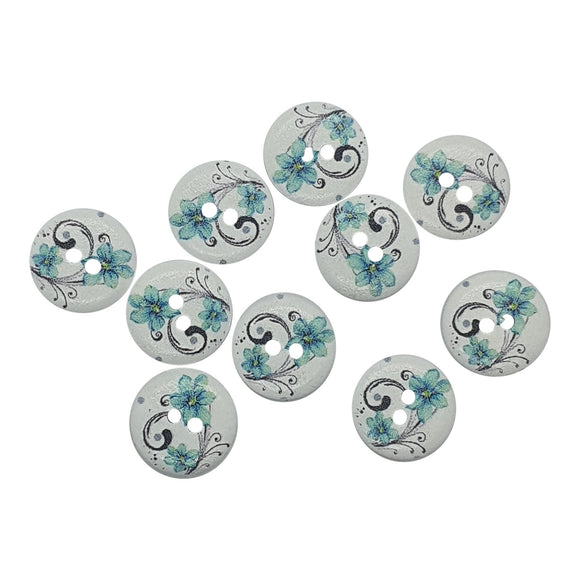 15mm Blue Floral Wooden Buttons