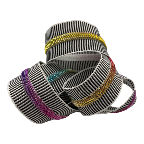 Stripes with Rainbow Teeth Nylon #5 Zipper Tape 10 METRE BULK ROLL
