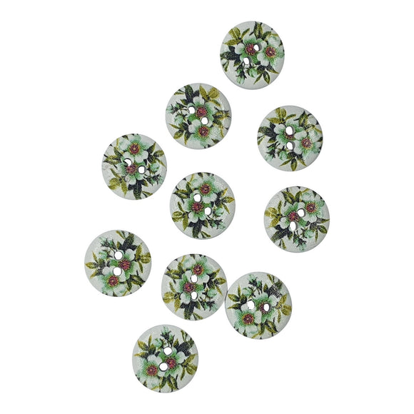 Wooden Floral Buttons 15mm - Green