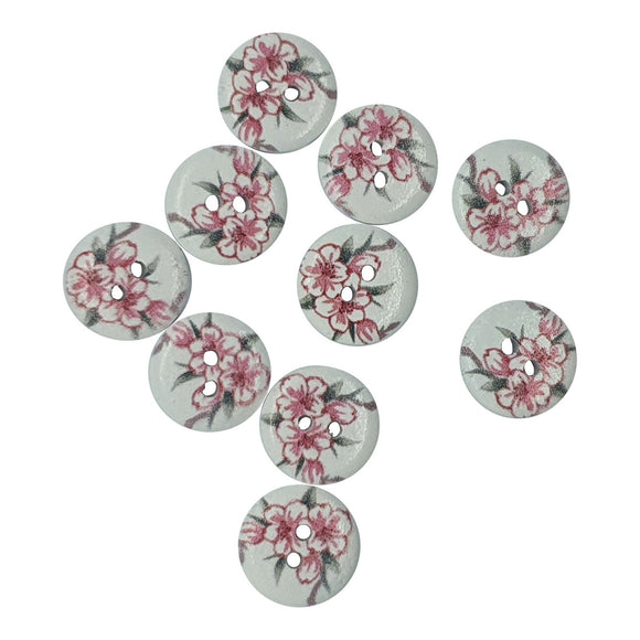 Wooden Floral Buttons 15mm - Cherry Blossom