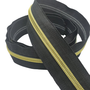 Zipper Tape Black with Gold Teeth #5 10 METRE BULK ROLL