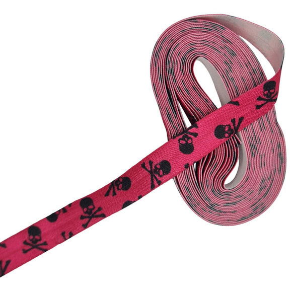 Pink Skulls and Crossbones 15mm Fold Over Elastic 4.5m