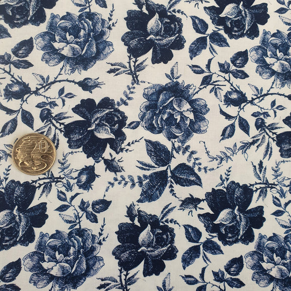 Rustic Blue White Floral Quilting Cotton