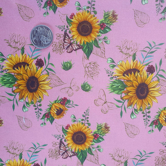 Sunflowers on Pink with Butterflies Quilting Cotton