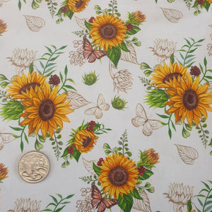 Sunflowers on White with Butterflies Quilting Cotton