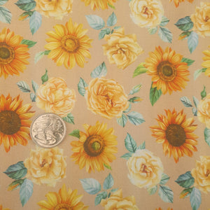 Vintage Sunflowers on Tan Quilting Cotton