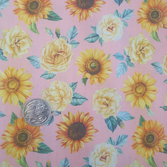 Vintage Sunflowers on Pink Quilting Cotton