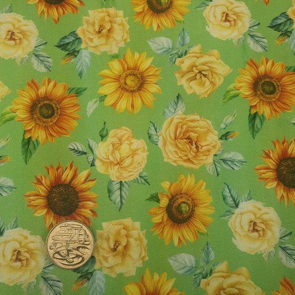 Vintage Sunflowers on Green Quilting Cotton